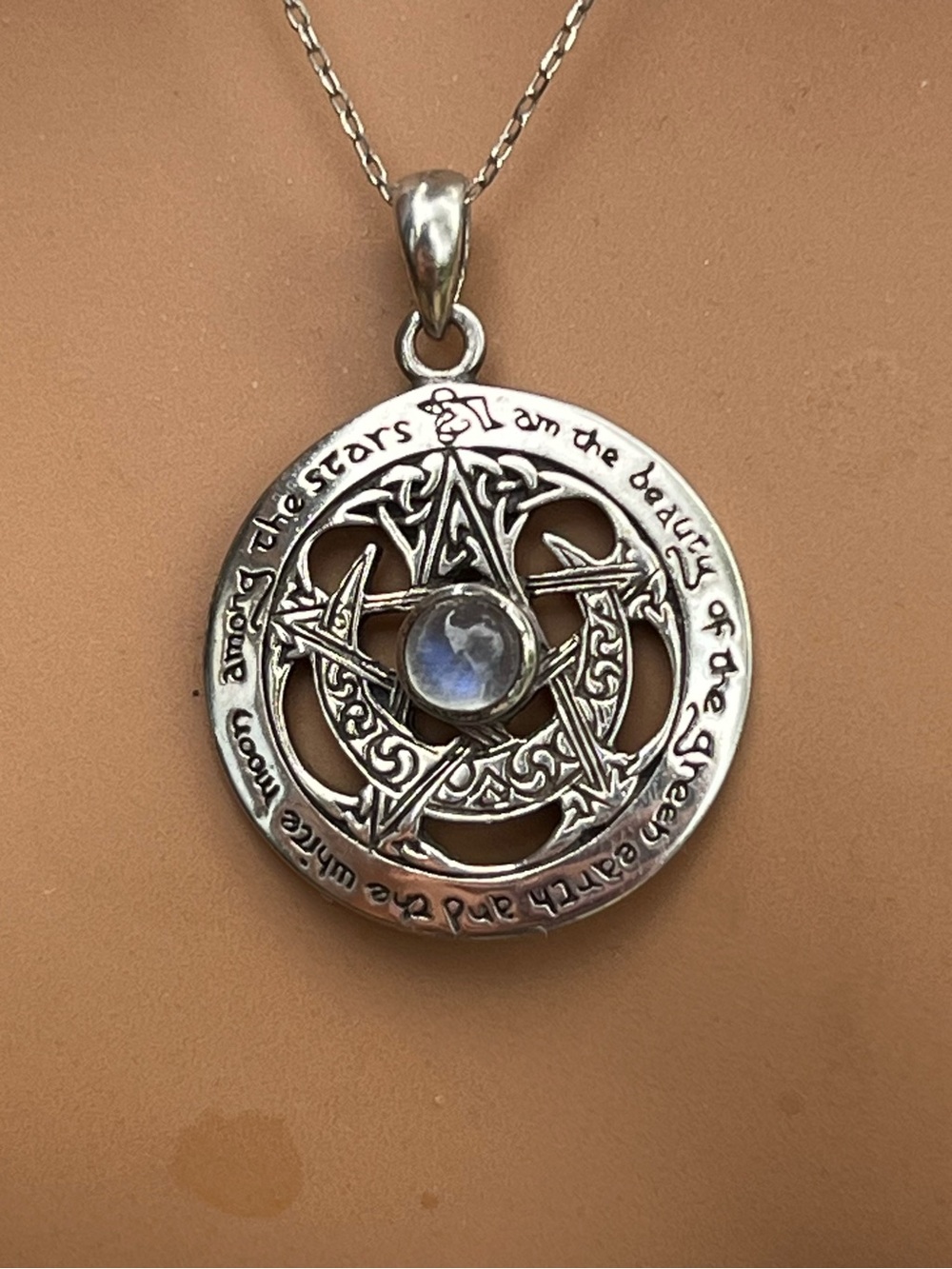 L81: Pentacle & Crescent Moon Mother of Pearl P. Borda 925 Pendant - Adj. chain